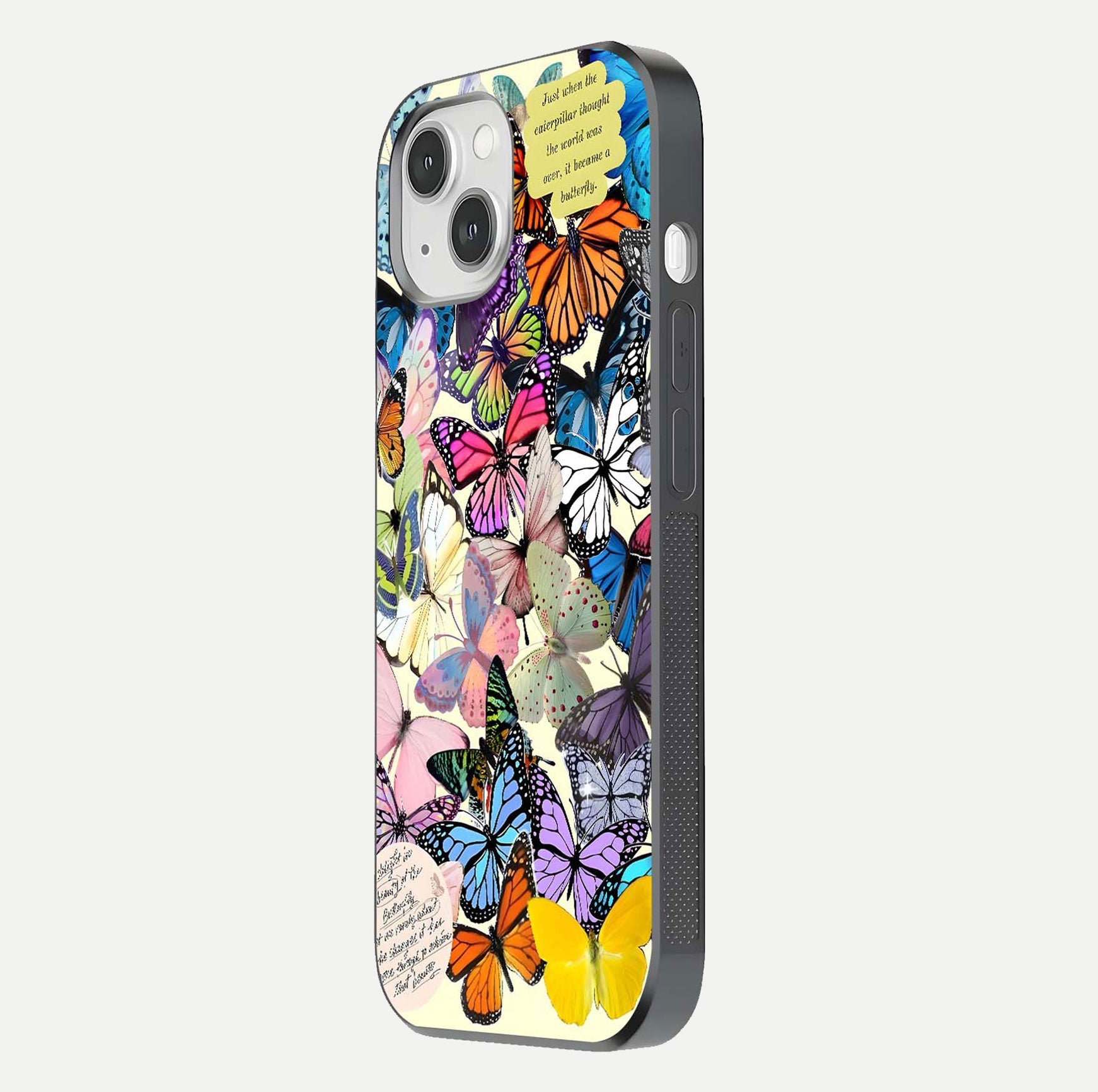 Butterflies Petal Dream Glass Case for iPhone 14 side-angle shot showing butterfly motion and curved edges