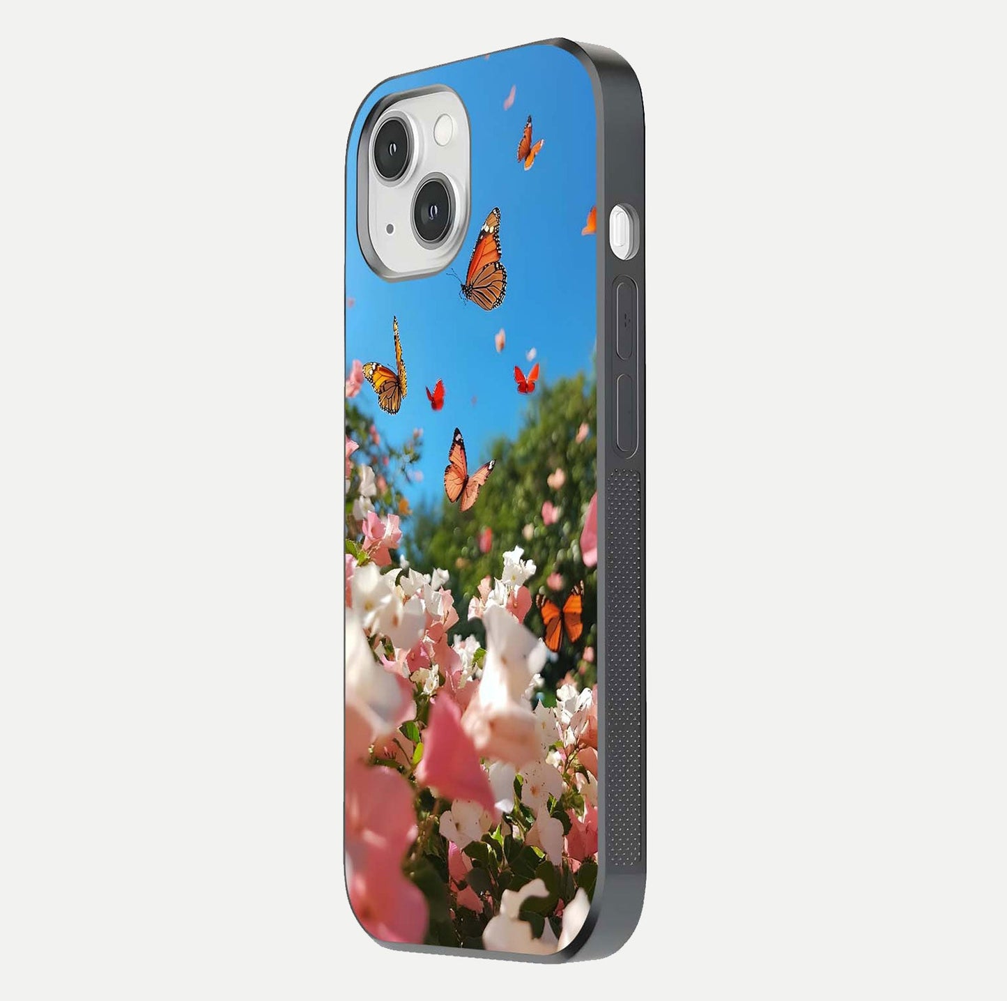 Butterflies in Bloom Sky Glass Case for iPhone 14 side-angle image showing delicate details and gloss polish