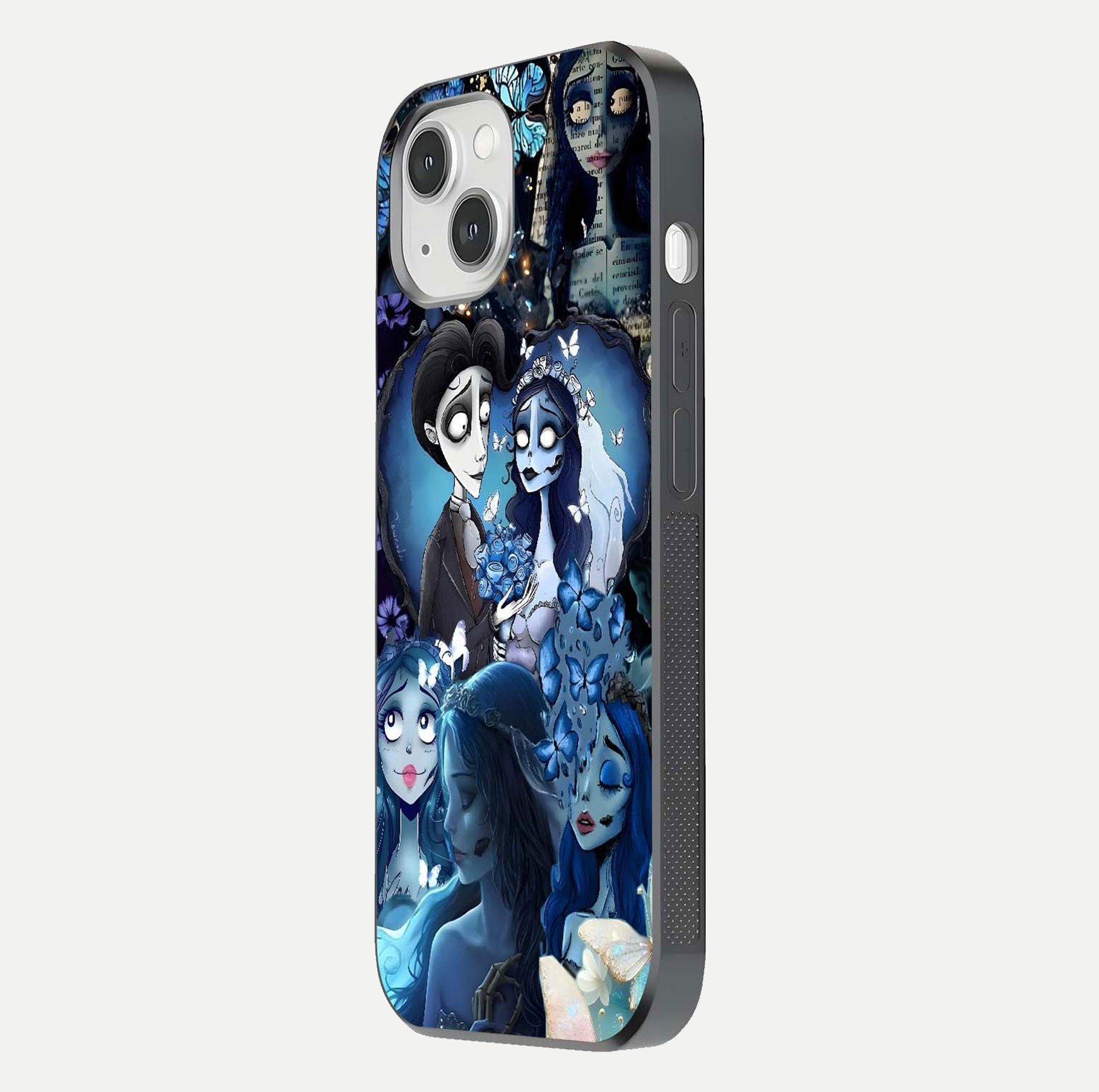 Butterfly Ghost Soul Glass Case for iPhone 14 side-angle image capturing edge light and deep design tones