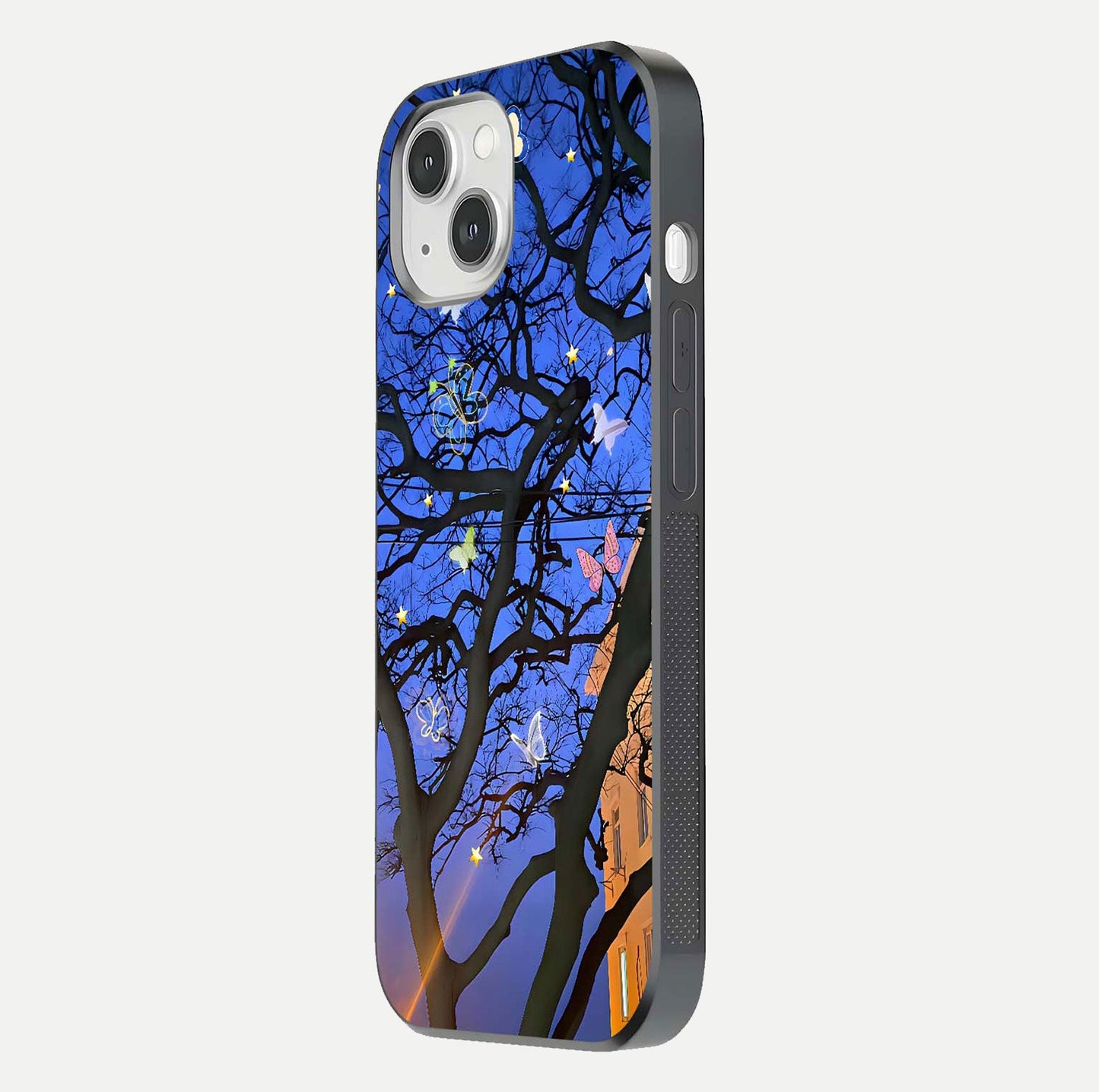 Butterfly Night Magic Glass Case for iPhone 14 side-angle view capturing butterfly contrast and glossy depth