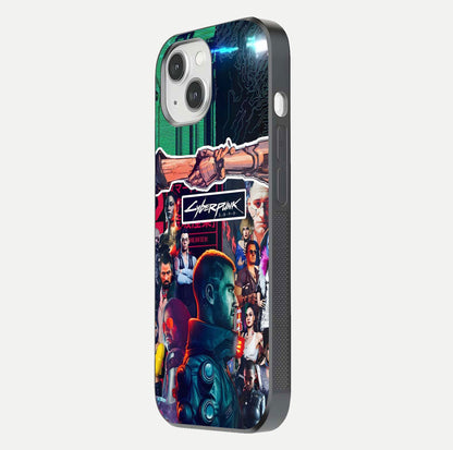 CYBERPUNK Legacy Glass Case for iPhone 14 side-angle photo showing edge glow and reflective surface