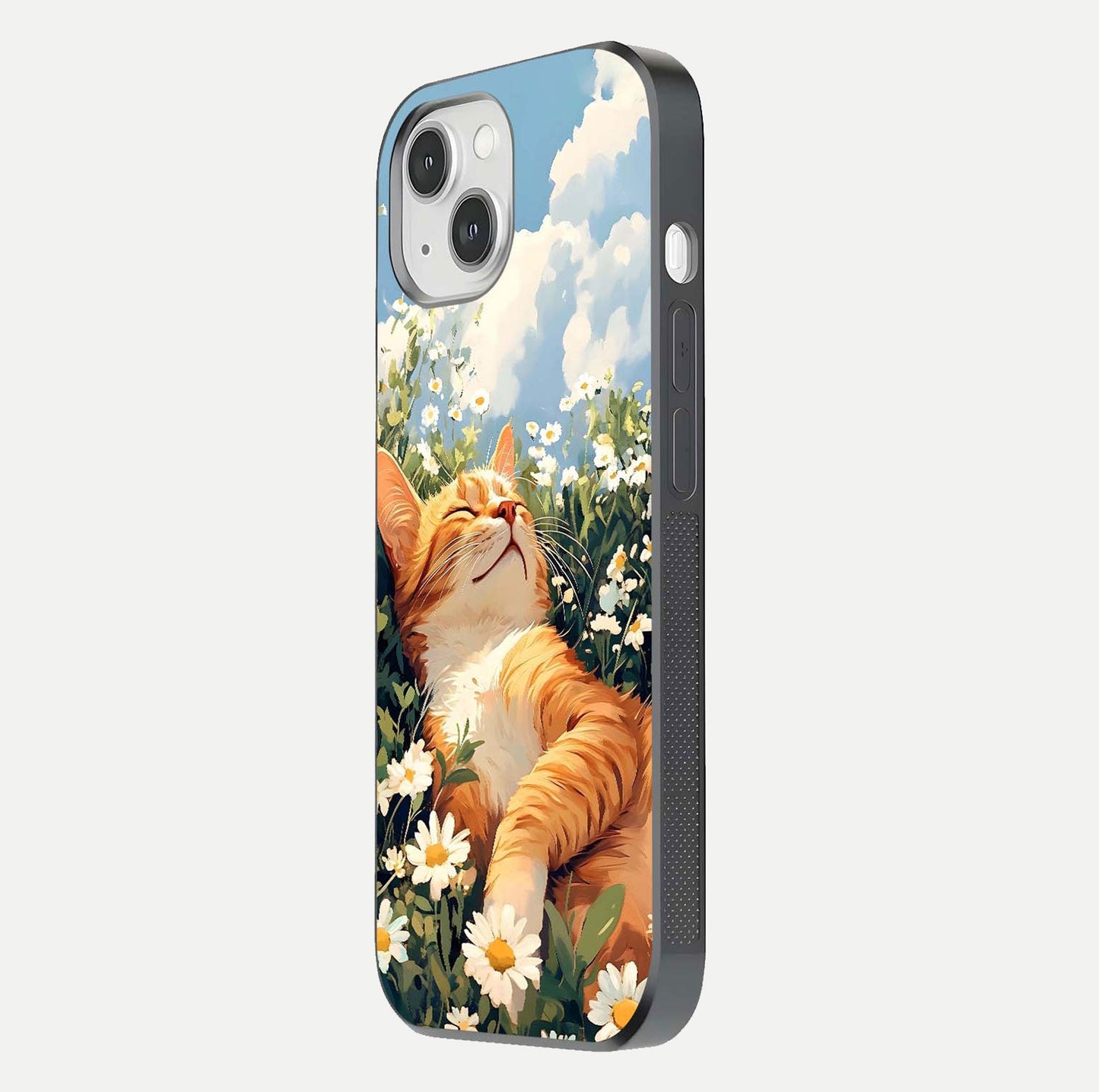 Cat & Flowers View Glass Case for iPhone 14 side-angle image capturing cat print clarity and gloss tone