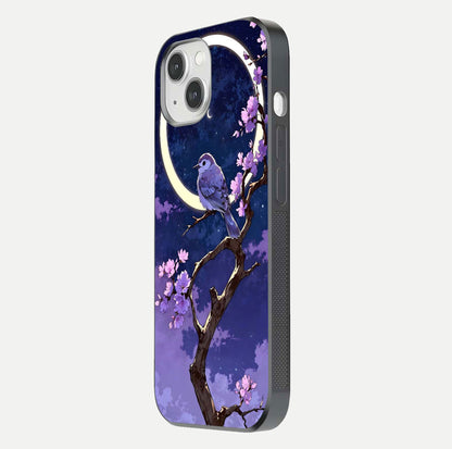 Celestial Bird Blossom Glass Case for iPhone 14 side-angle image showing detailed wings and glossy polish