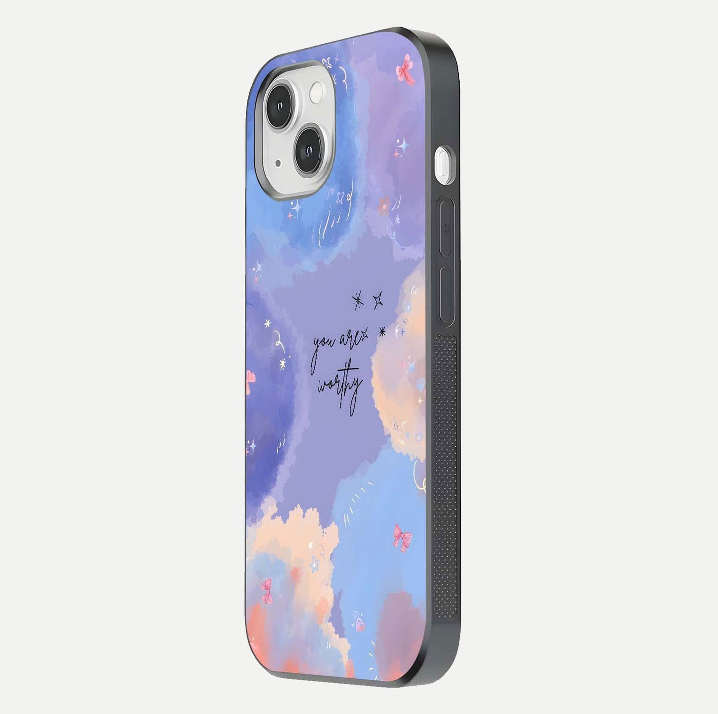 Celestial Cloud Magic Glass Case for iPhone 14 side-angle photo showing edge reflection and dreamy texture