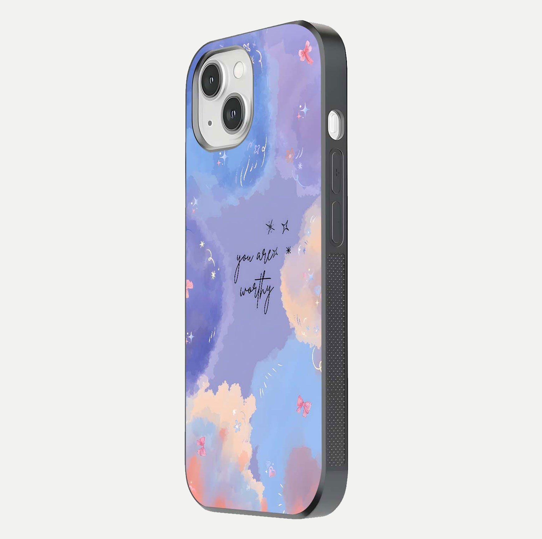 Celestial Cloud Magic Glass Case for iPhone 14 side-angle photo showing edge reflection and dreamy texture