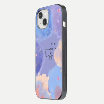 Celestial Cloud Magic Glass Case for iPhone 14 side-angle photo showing edge reflection and dreamy texture