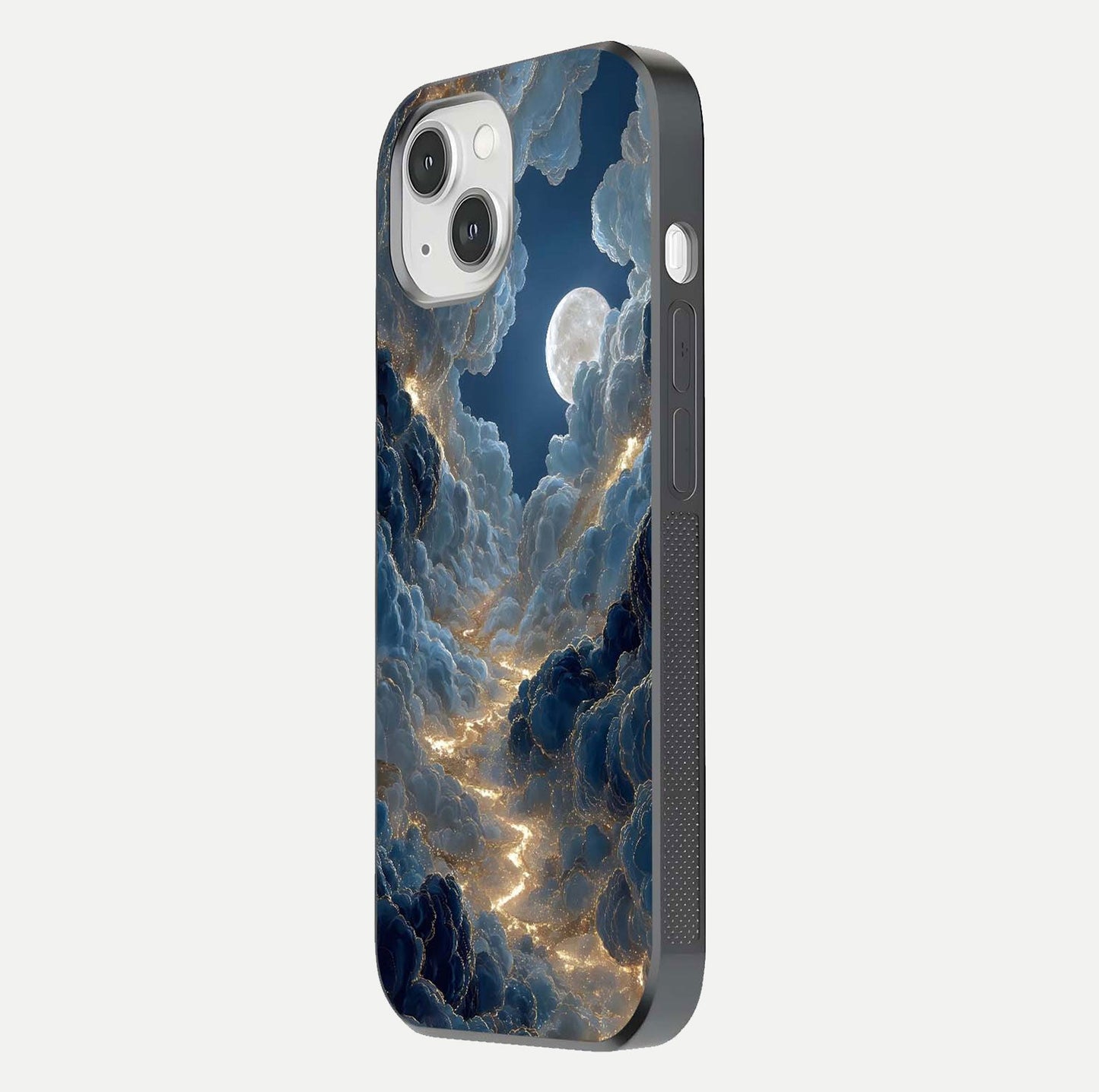 Celestial Cloud Road Glass Case for iPhone 14 side-angle image showing soft pastel tones and edge clarity