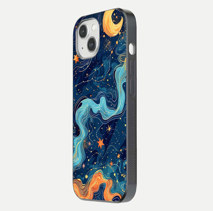Celestial Dream Flow Glass Case for iPhone 14 side-angle image capturing color swirl and glass reflection