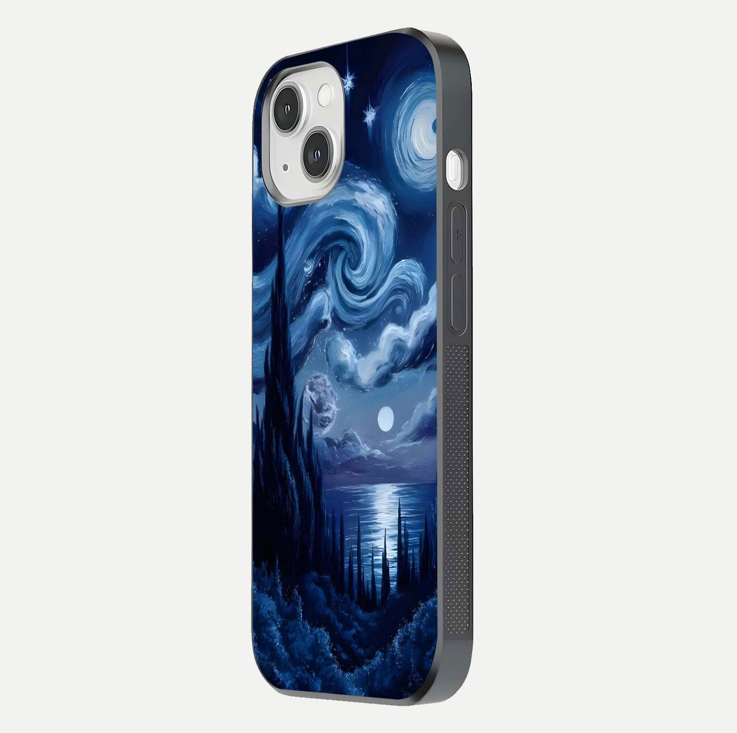 Celestial Dream Van Gogh Glass Case for iPhone 14 side-angle photo showing depth swirl design and curved reflection