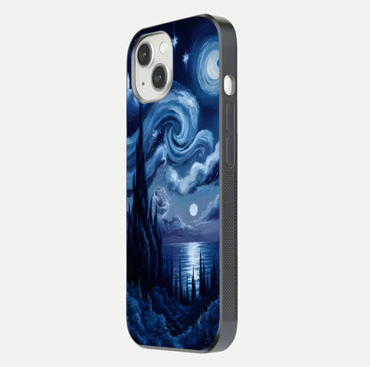 Celestial Dream Van Gogh Glass Case for iPhone 14 side-angle photo showing depth swirl design and curved reflection