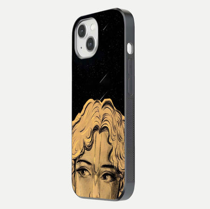 Celestial God’s Plan Glass Case for iPhone 14 side-angle image showing gloss, camera frame, and cosmic tones