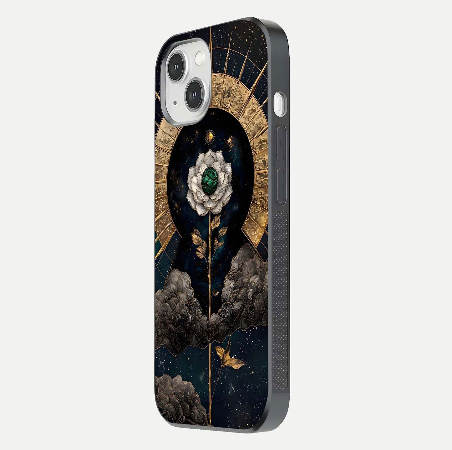 Celestial Lotus Morang Glass Case for iPhone 14 side-angle image capturing shine and smooth curvature