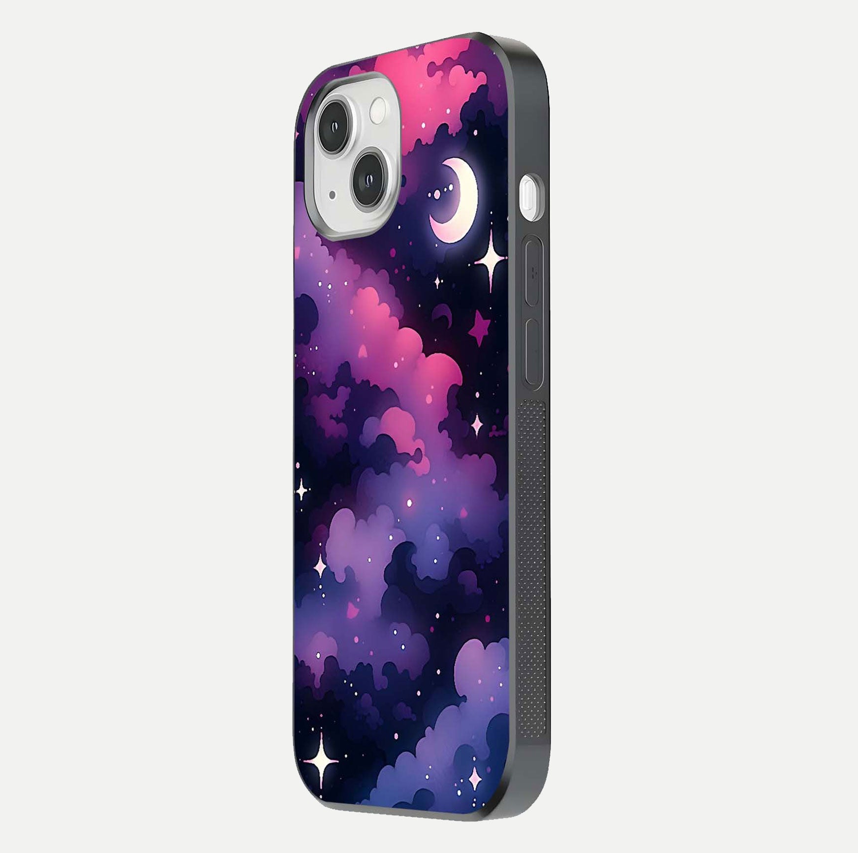 Celestial Moon Magic Glass Case for iPhone 14 side-angle shot capturing soft reflection and curved gloss