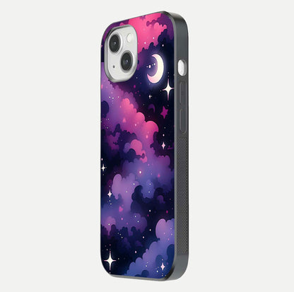 Celestial Moon Magic Glass Case for iPhone 14 side-angle shot capturing soft reflection and curved gloss