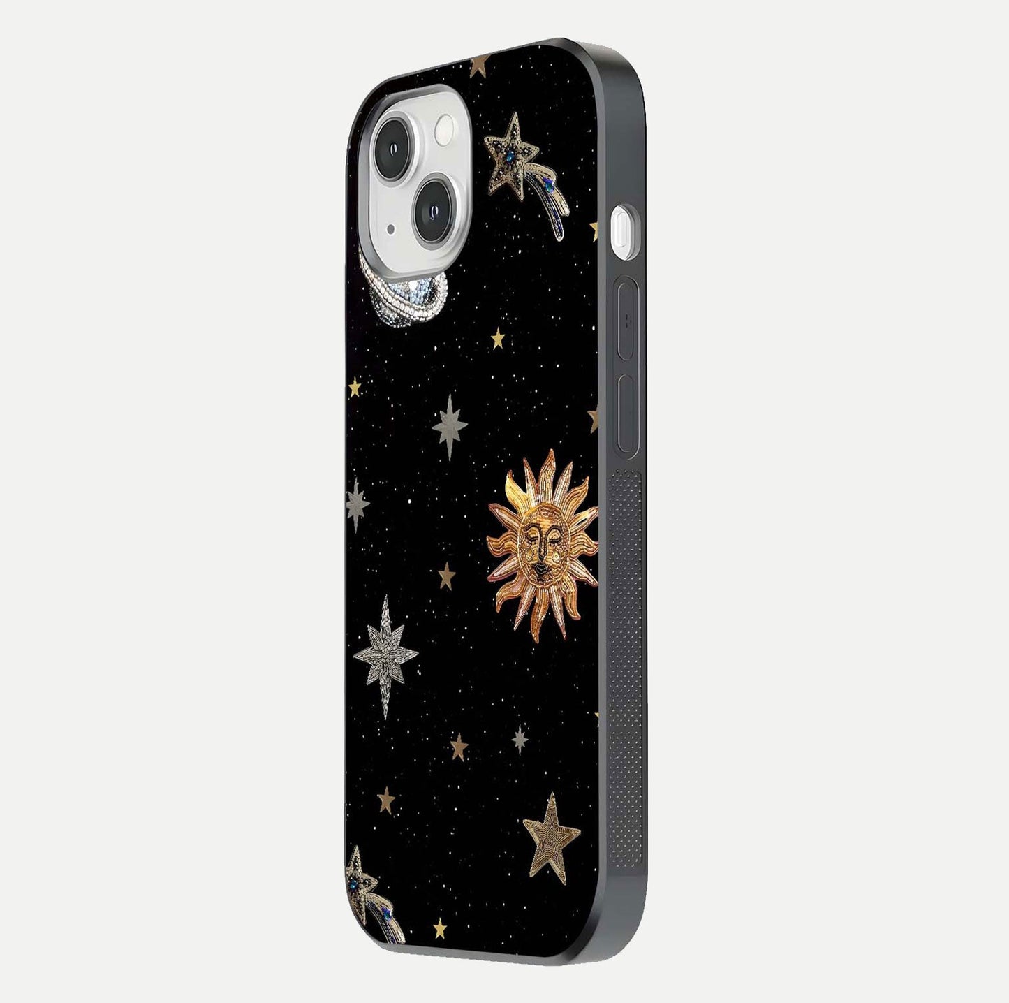 Celestial Moon With Stars Glass Case for iPhone 14 side-angle view showing curved edges and shimmer glow