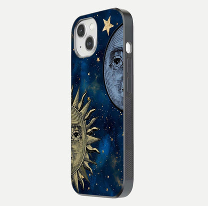 Celestial Moon With Sun Glass Case for iPhone 14 side-angle image showing reflection tones and cosmic edge