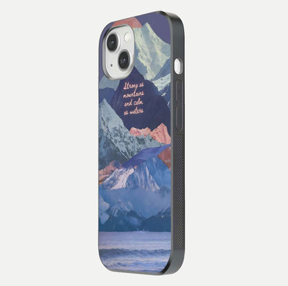 Celestial Mountain Calm Glass Case for iPhone 14 side-angle image capturing mountain detail and shine gradient
