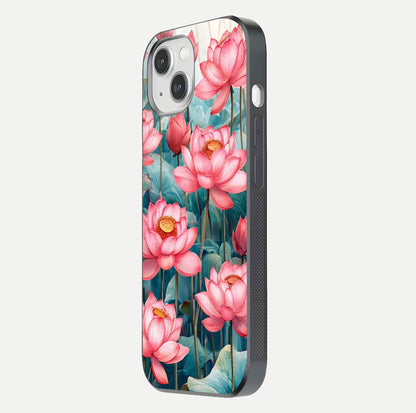 Celestial Pink Lotus Glass Case for iPhone 14 side-angle image showing reflective shine and petal curve