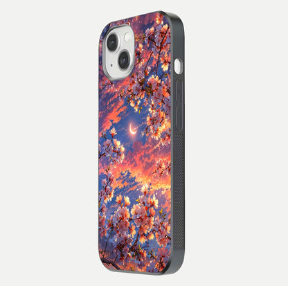 Celestial Sakura Sunset Glass Case for iPhone 14 side-angle image showing edge glow and petal texture