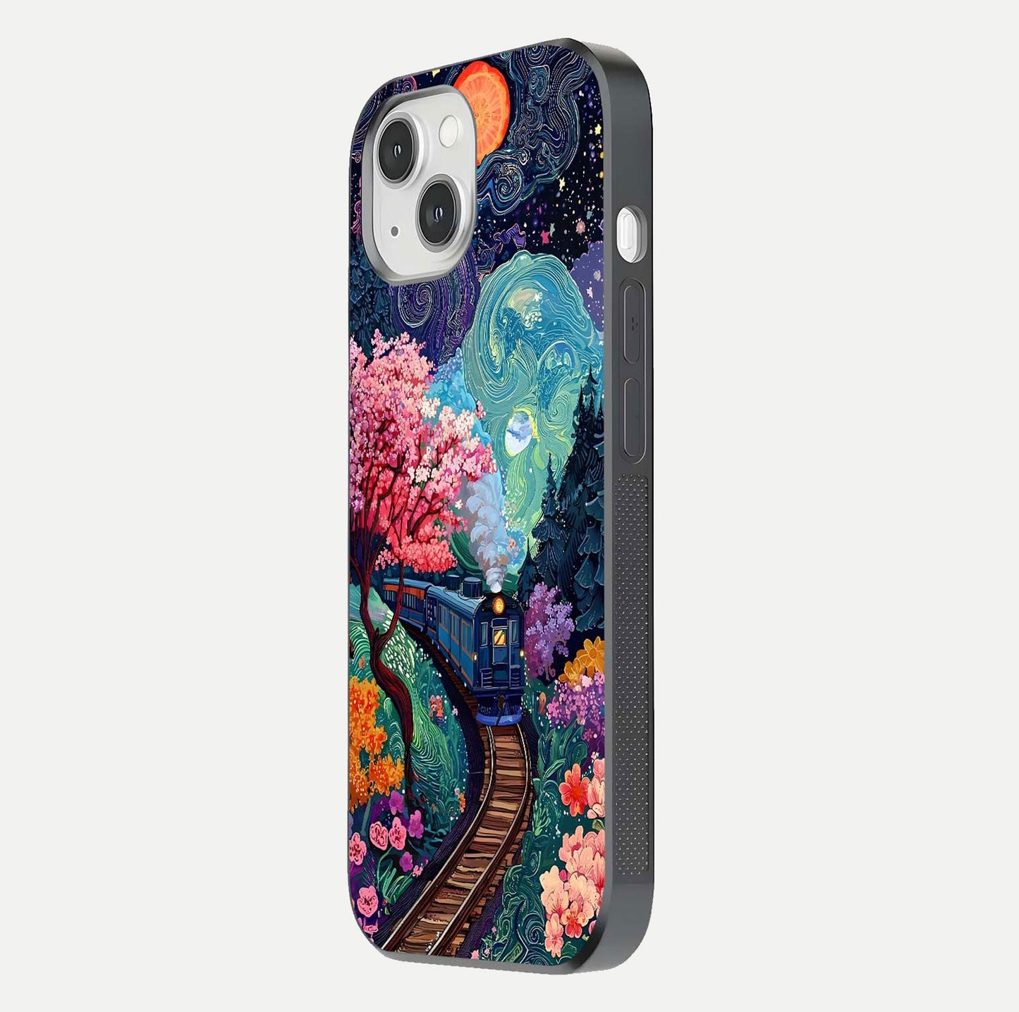 Celestial Train Journey Glass Case for iPhone 14 side-angle image showing polished curve and HD print detail