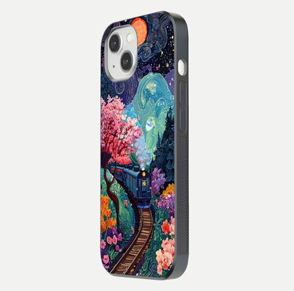 Celestial Train Journey Glass Case for iPhone 14 side-angle image showing polished curve and HD print detail
