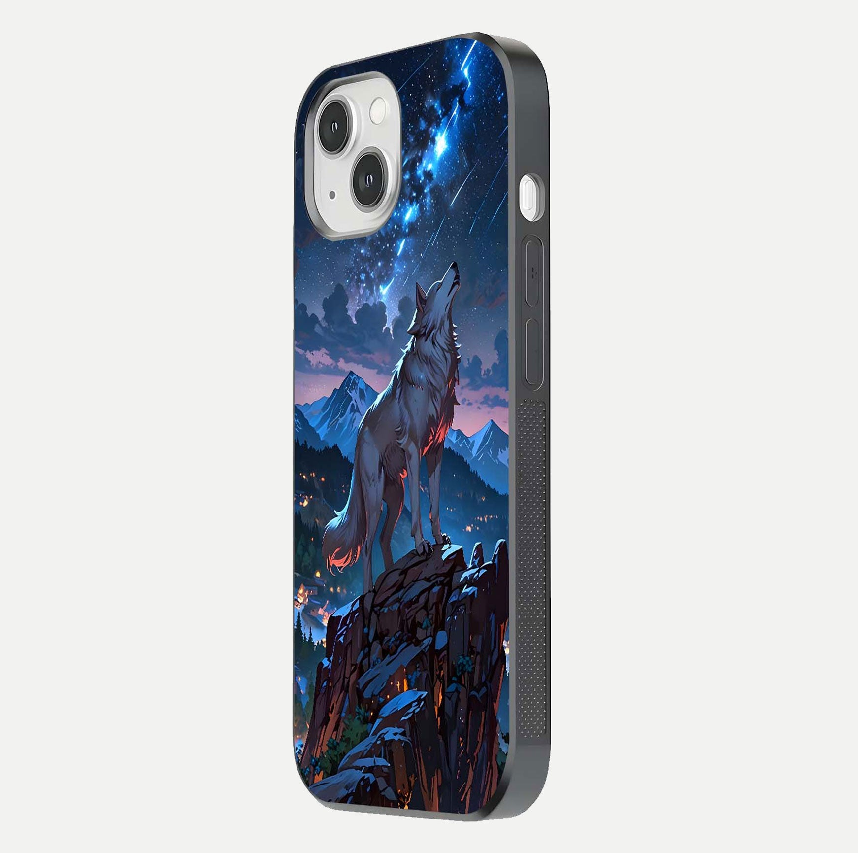 Celestial Wolf Howl Glass Case for iPhone 14 side-angle image showing curve polish and moon glow