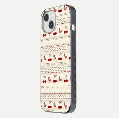 Cherry Bloom Charm Glass Case for iPhone 14 side-angle photo showing flower detail and edge light