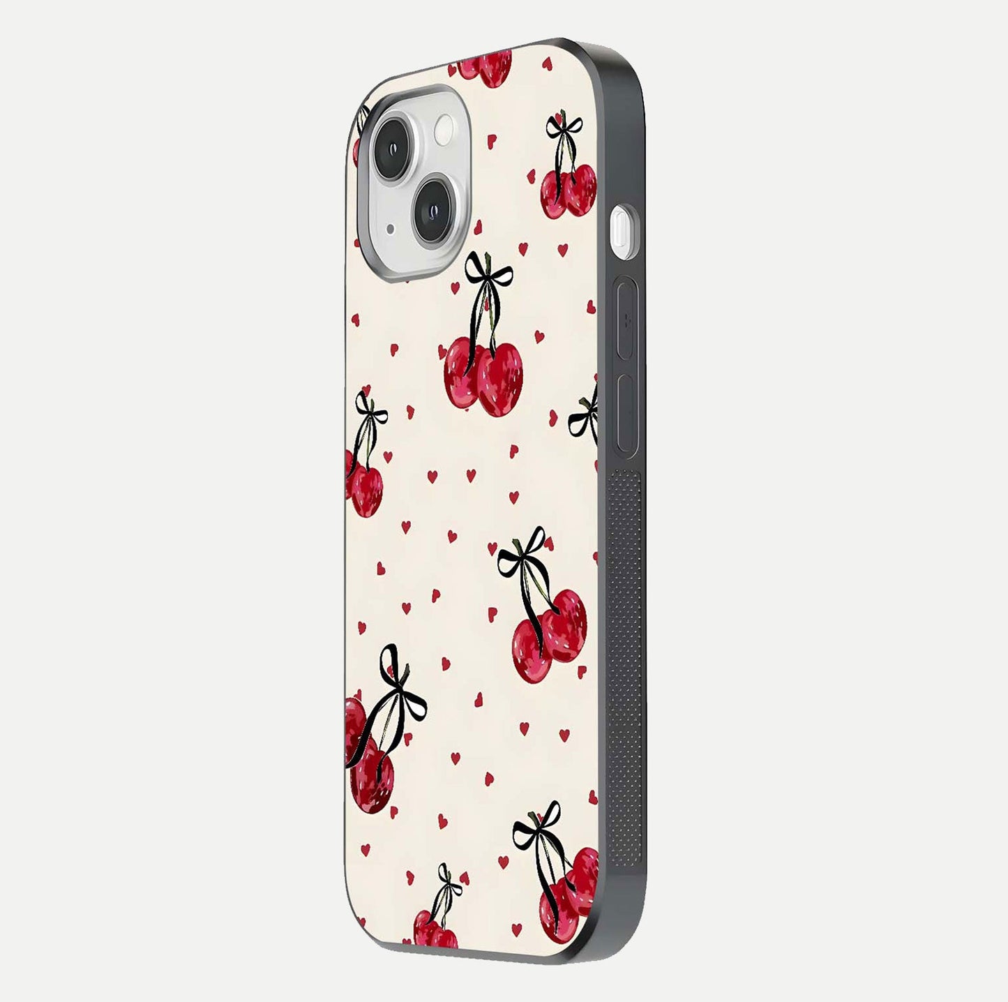 Cherry Heart Bow Glass Case for iPhone 14 side-angle image capturing gloss texture and charm bow art
