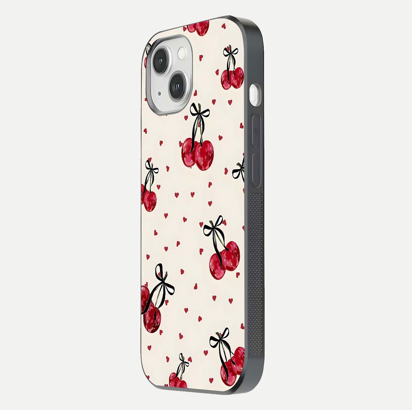 Cherry Heart Bow Glass Case for iPhone 14 side-angle image capturing gloss texture and charm bow art