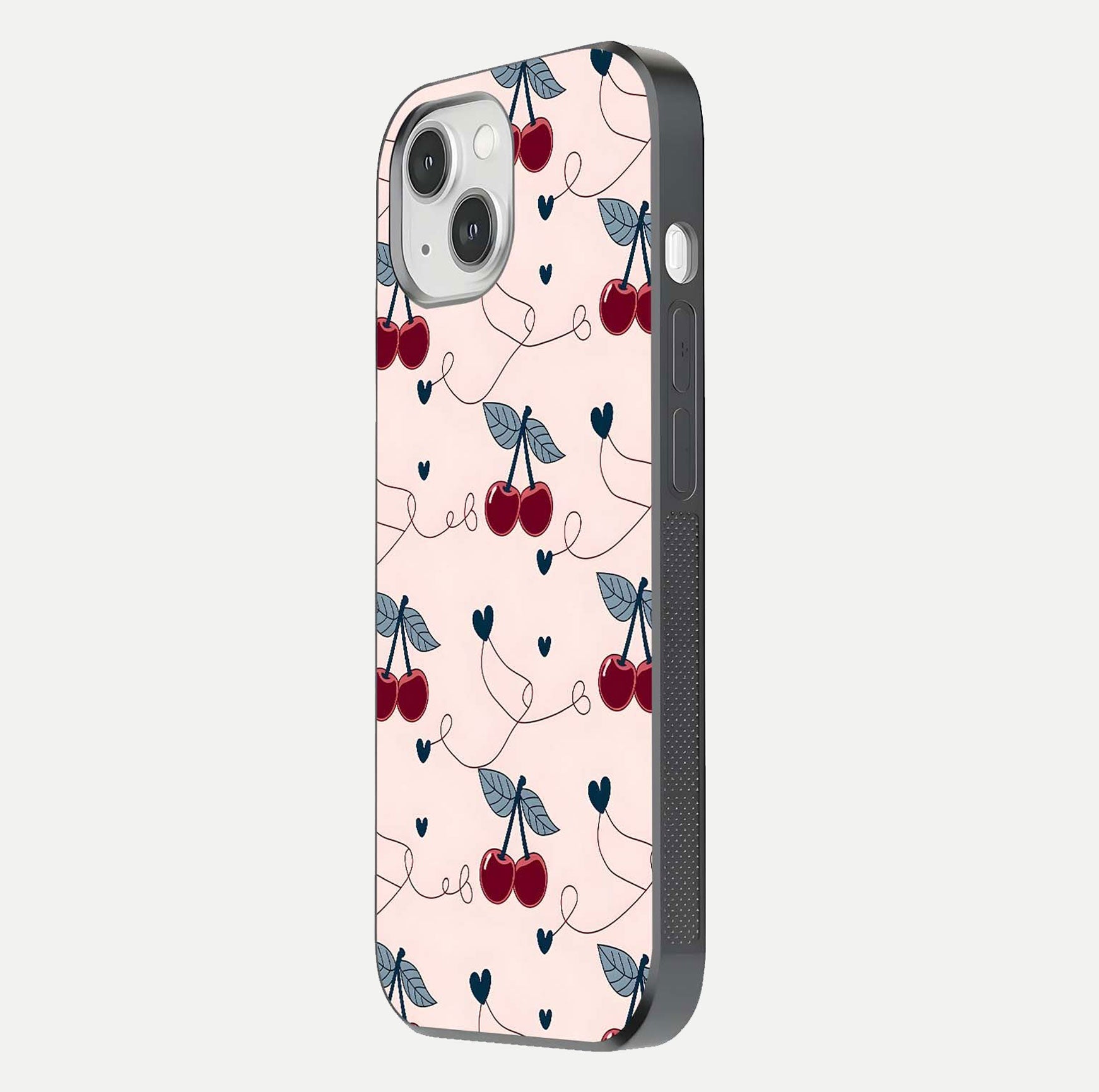 Cherry Heart Line Glass Case for iPhone 14 side-angle view capturing smooth curves and shine effect