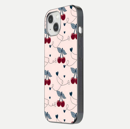 Cherry Heart Line Glass Case for iPhone 14 side-angle view capturing smooth curves and shine effect