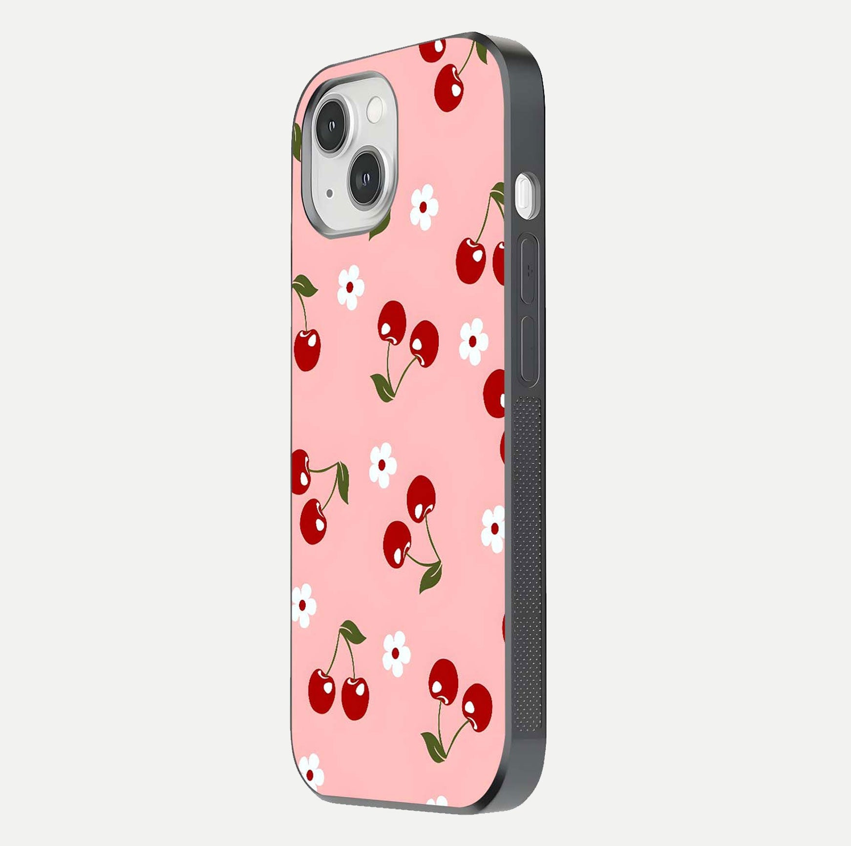 Cherry Love Mood Glass Case for iPhone 14 side-angle image capturing smooth gloss and delicate details