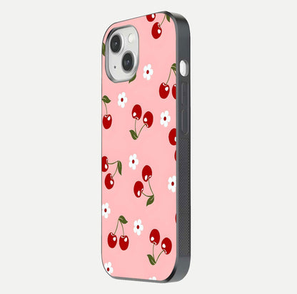 Cherry Love Mood Glass Case for iPhone 14 side-angle image capturing smooth gloss and delicate details