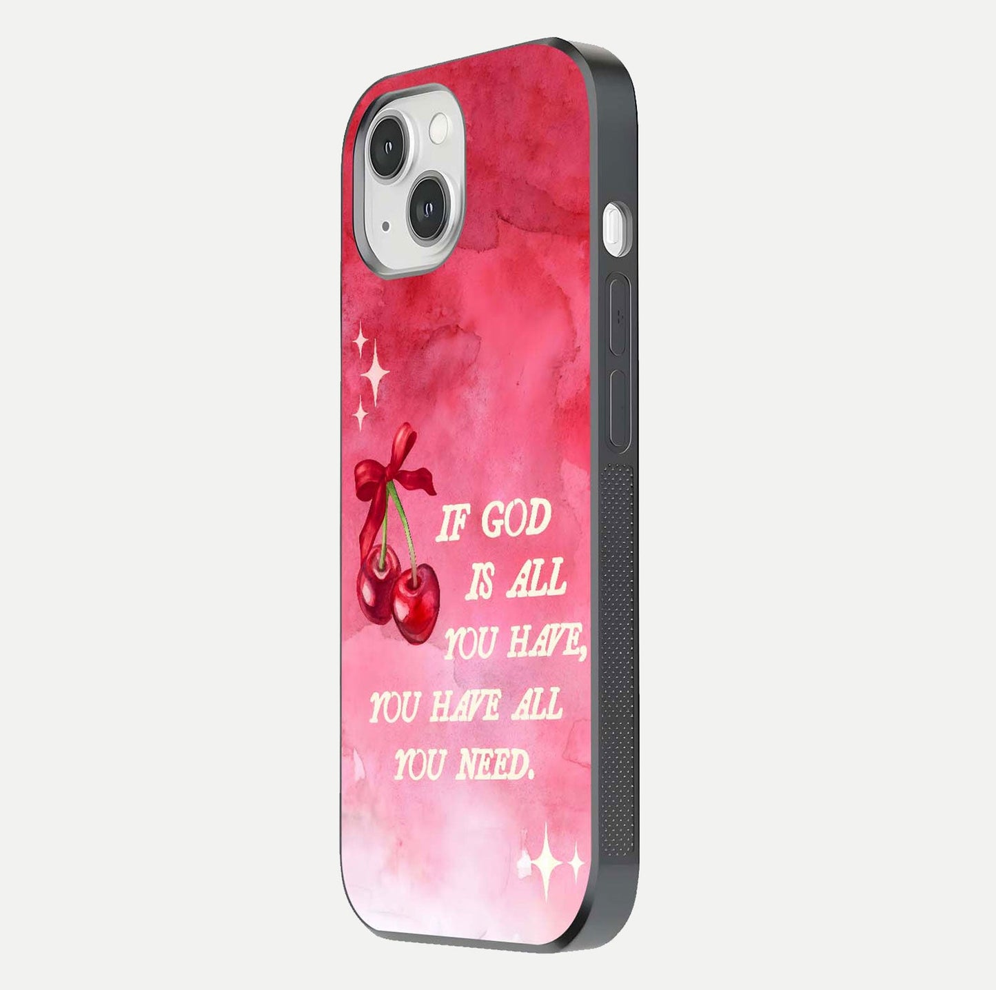 Cherry Quote Glass Case for iPhone 14 side-angle image showing curve glow and glass detail