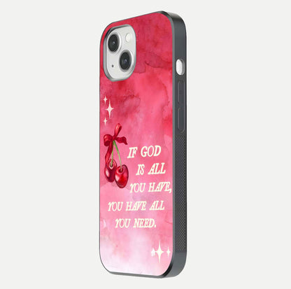 Cherry Quote Glass Case for iPhone 14 side-angle image showing curve glow and glass detail