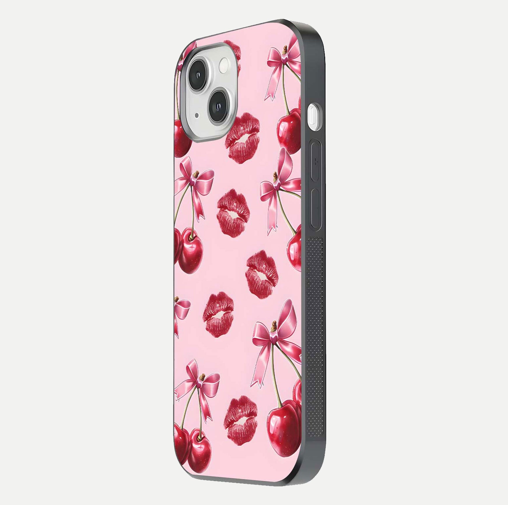 Cherry With Lips Glass Case for iPhone 14 side-angle image showing gloss reflection and fine details