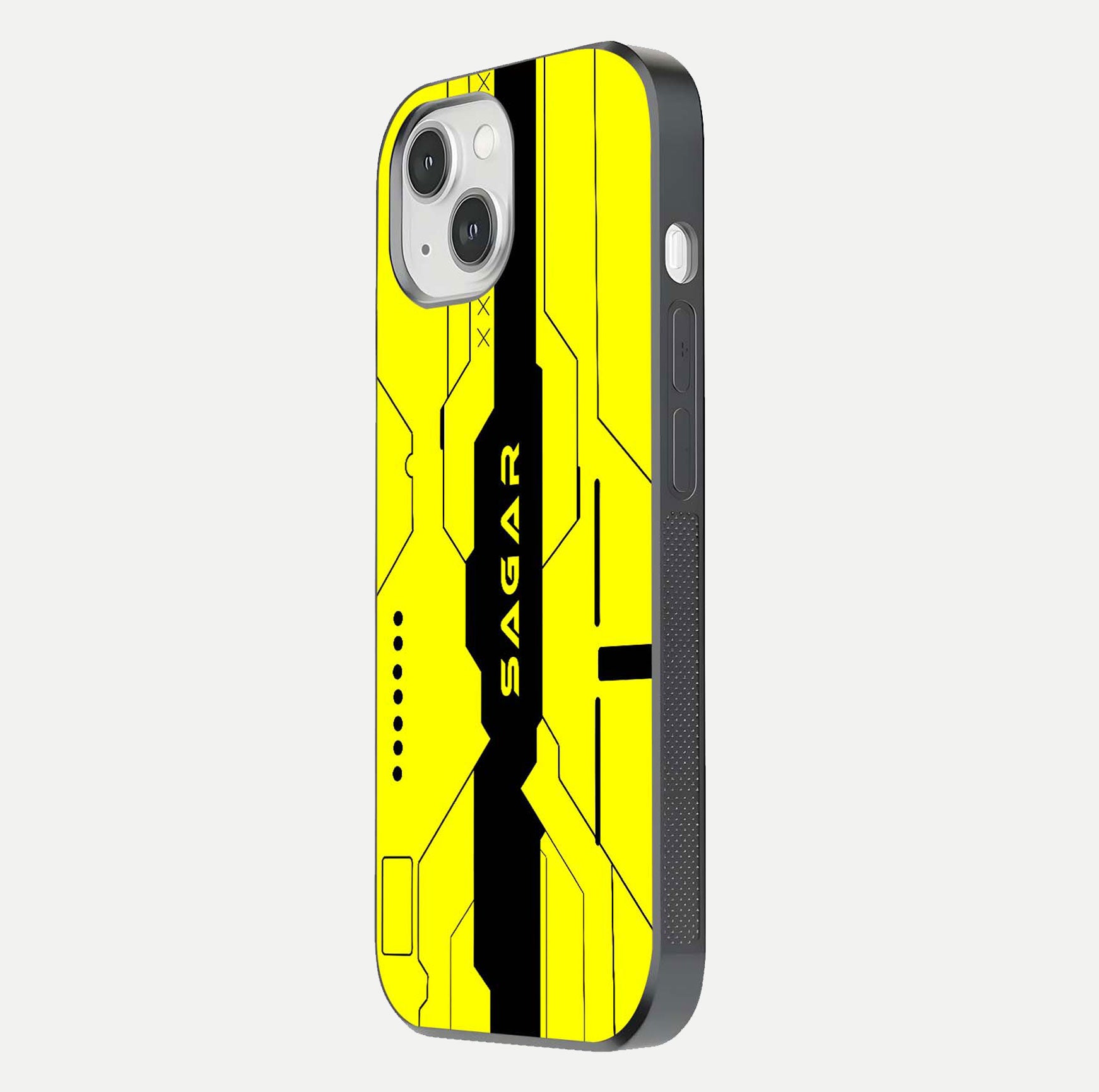 Circuit CYBERPUNK Custom Name Glass Case for iPhone 14 side-angle image showing reflective finish and design precision