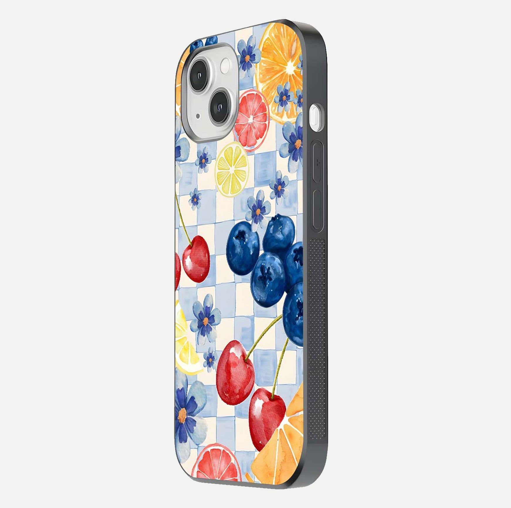 Citrus Bloom Joy Glass Case for iPhone 14 side-angle photo capturing bright color and glass reflection