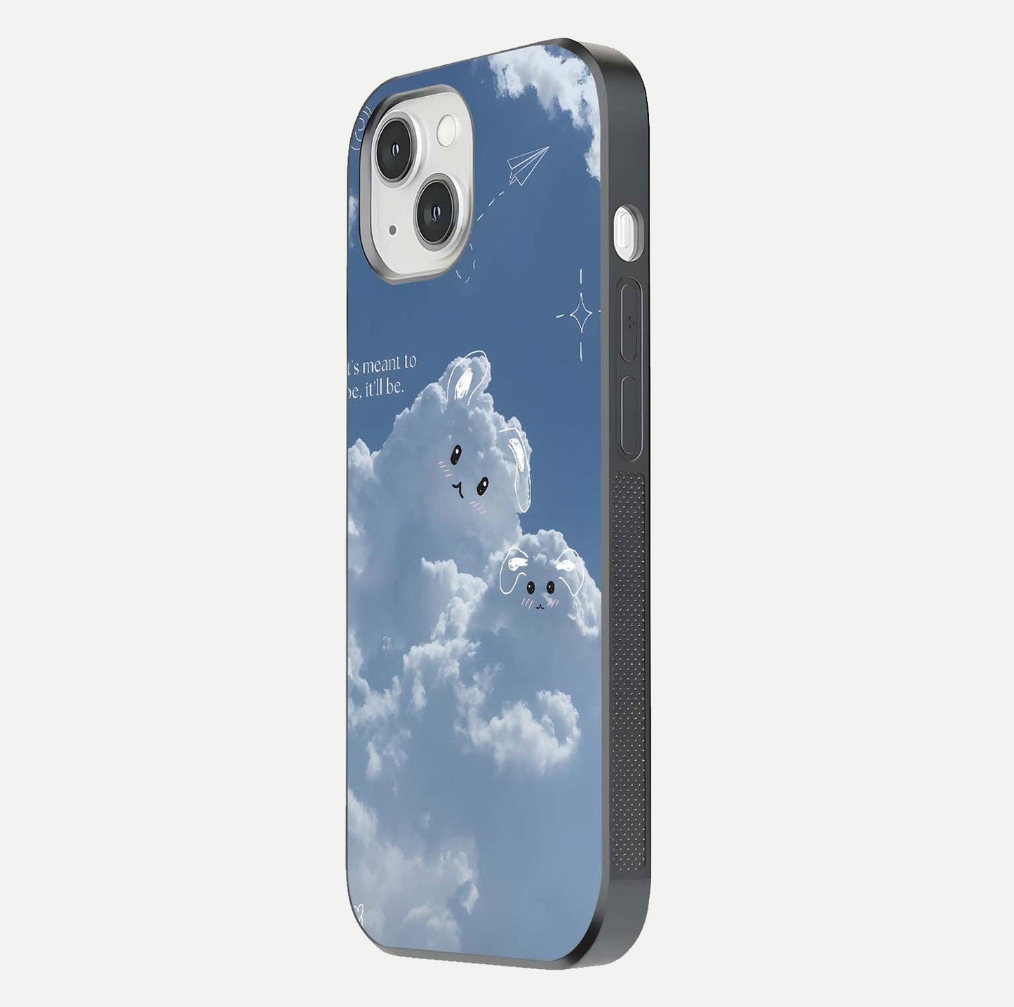 Cloud Bunny Dreams Glass Case for iPhone 14 side-angle image capturing gloss texture and edge glow