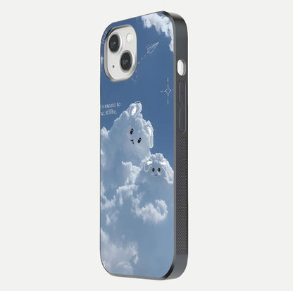 Cloud Bunny Dreams Glass Case for iPhone 14 side-angle image capturing gloss texture and edge glow