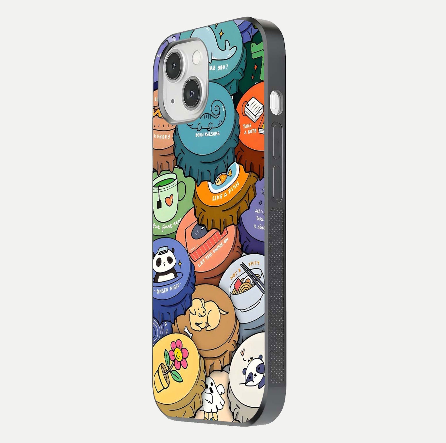 Coins Patterns Glass Case for iPhone 14 side-angle photo capturing shine finish and curve glow