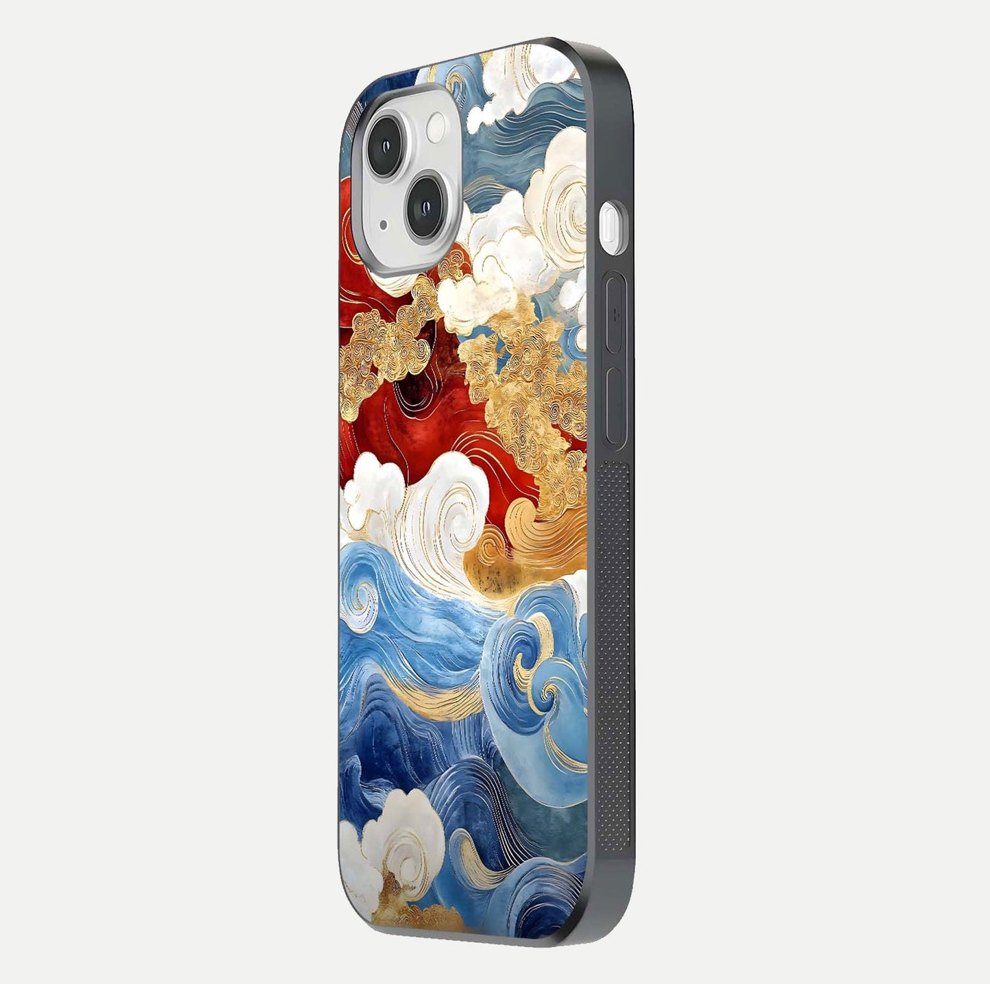 Colored Waves Glass Case for iPhone 14 side-angle image showing light reflection, edge design, and shine