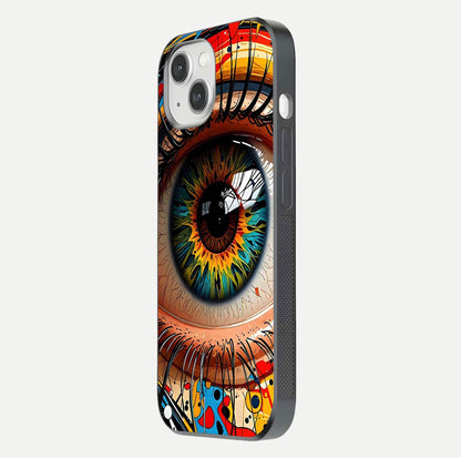 Colorful Eye Glass Case for iPhone 14 side-angle photo showing reflective surface and design detail
