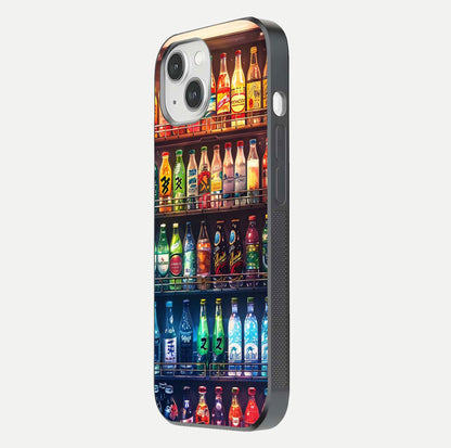 Colorful Soda Bottles Glass Case for iPhone 14 side-angle photo showing polish shine and texture depth