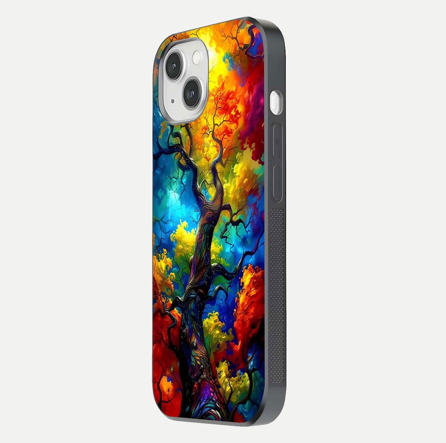 Colorful Tree Glass Case for iPhone 14 side-angle image showing curve reflection and fine print texture
