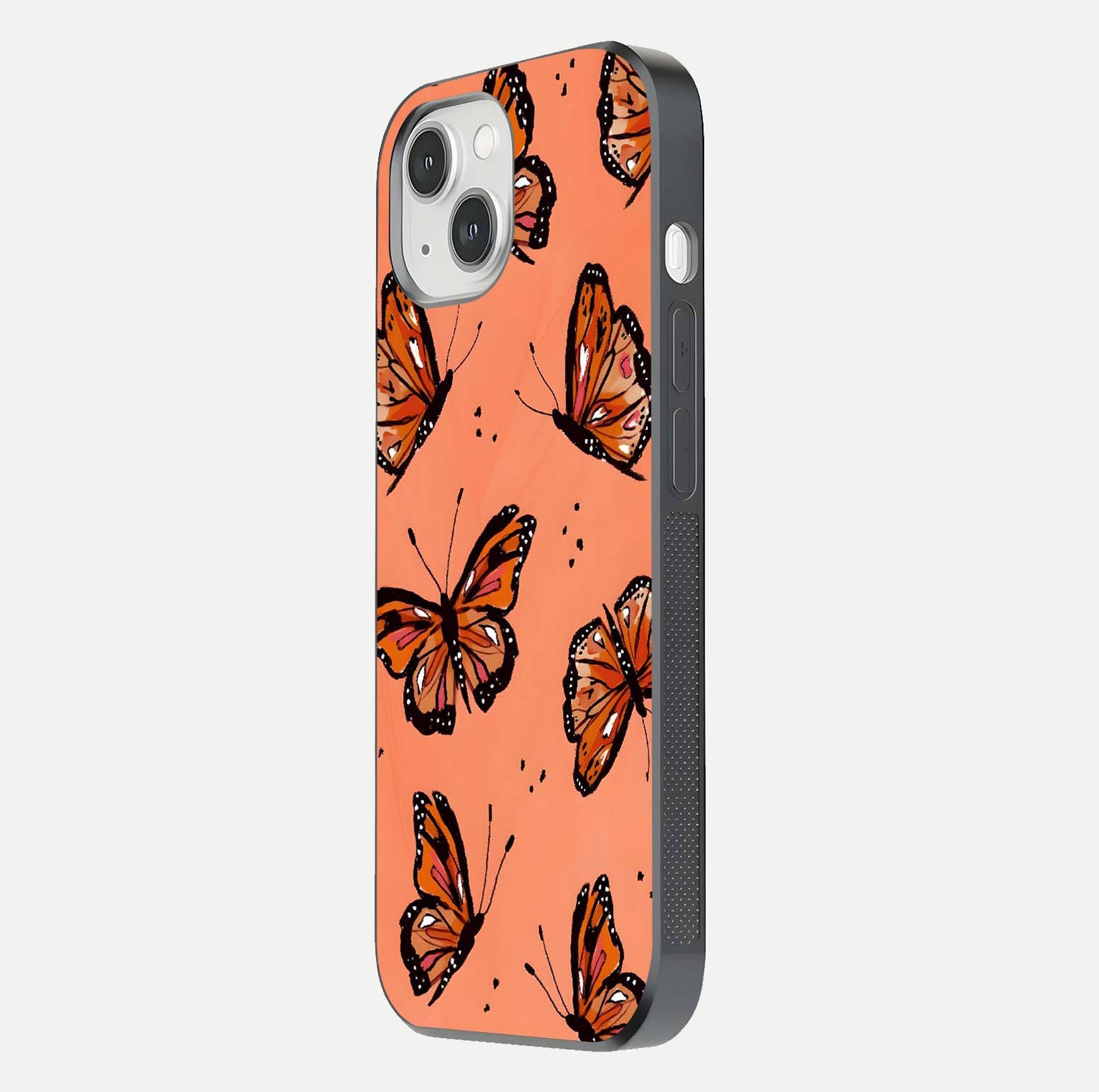 Coral Wing Butterfly Glass Case for iPhone 14 side-angle photo showing reflective finish and smooth edges