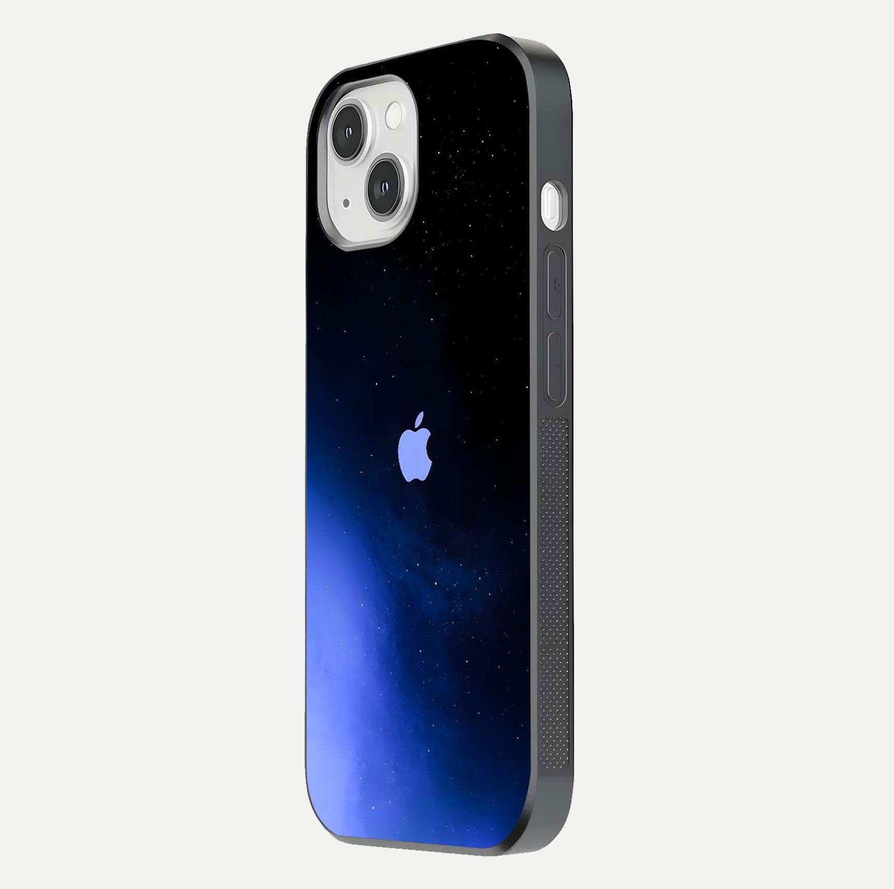Cosmic Blue Apple Glass Case for iPhone 14 side-angle image showing curve polish and star detail