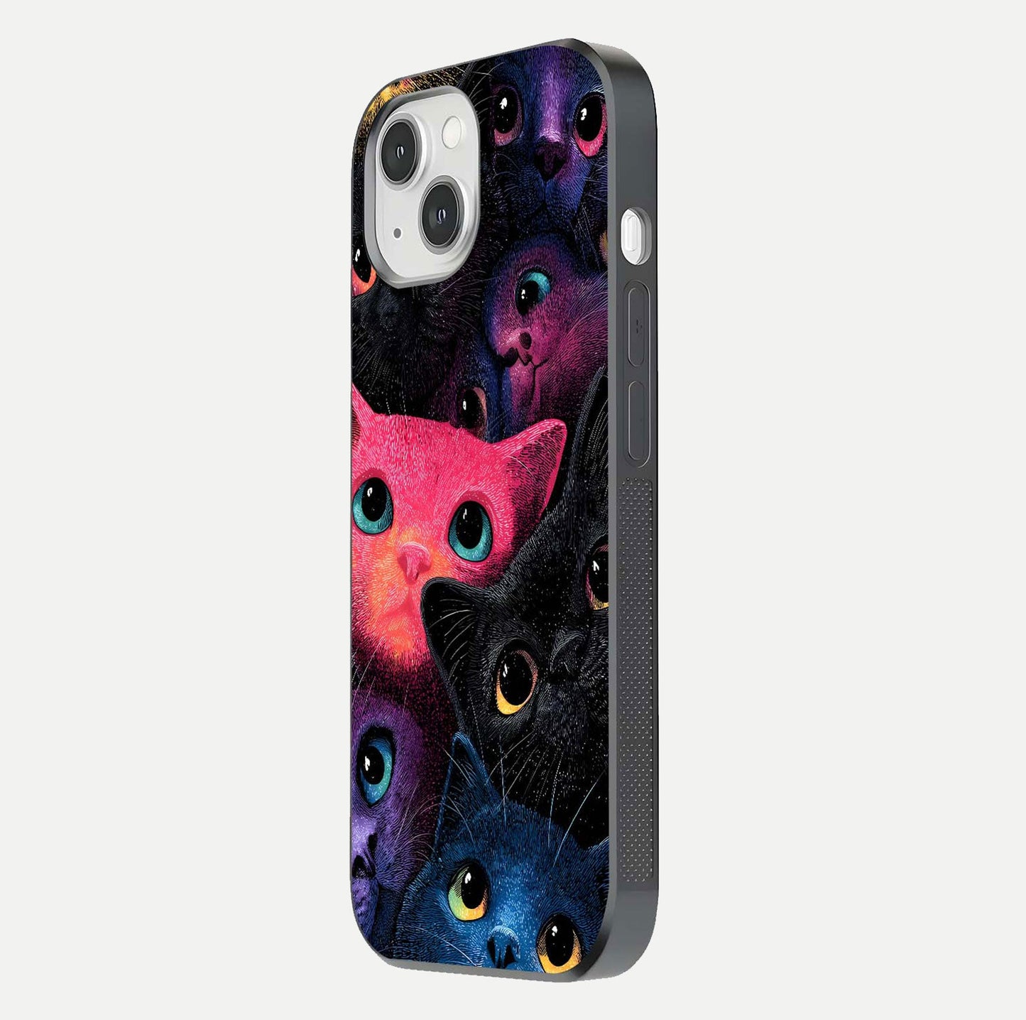 Cosmic Cats Dreams Glass Case for iPhone 14 side-angle photo showing edge gloss and color depth