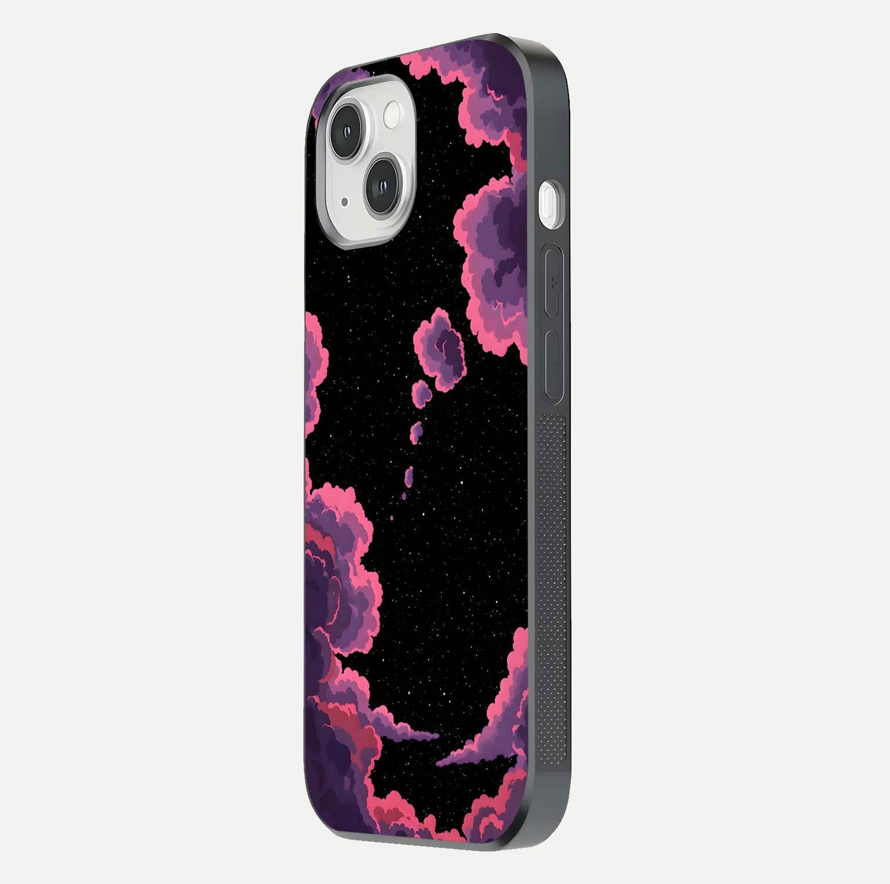 Cosmic Cloud Journey Glass Case for iPhone 14 side-angle photo showing glass reflection and smooth tone