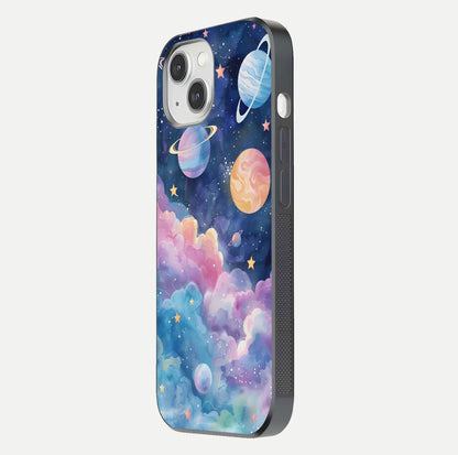 Cosmic Planet Dreams Glass Case for iPhone 14 side-angle image showing texture clarity and shine